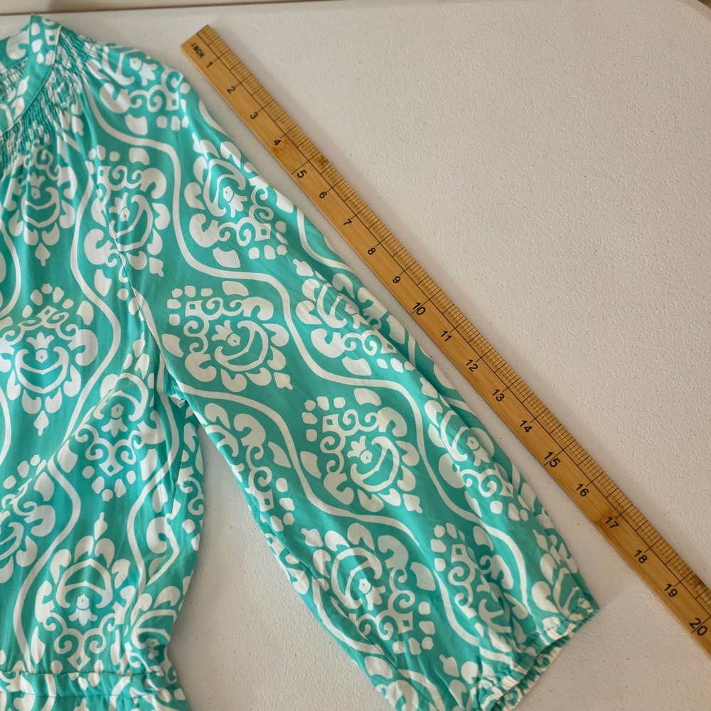 Crown & Ivy Dress Womens 10P Turquoise White Damask Cotton 3/4 Sleeve Pockets - Picture 10 of 13